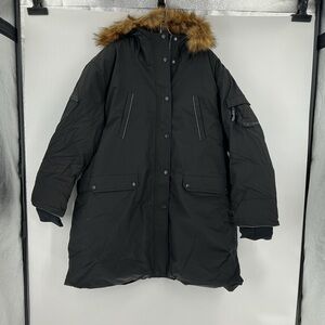 Alpine North Laurentian Women's Vegan Down Long Parka in black faux fur hood 4X